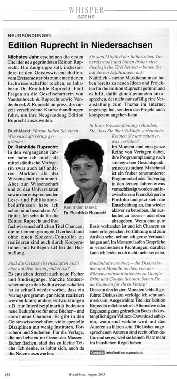 Pressemeldung August 2005, Buchmarkt: Edition Ruprecht in Niedersachsen