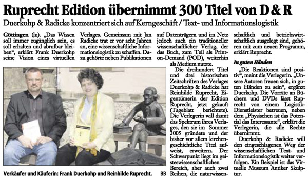 Pressemeldung 22.05.2006, Göttinger Tageblatt: Ruprecht Edition übernimmt 300 Titel von D & R